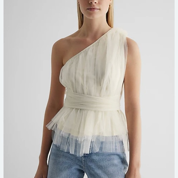 Express Tulle BLUE Off shoulder top M NWT - Picture 1 of 11